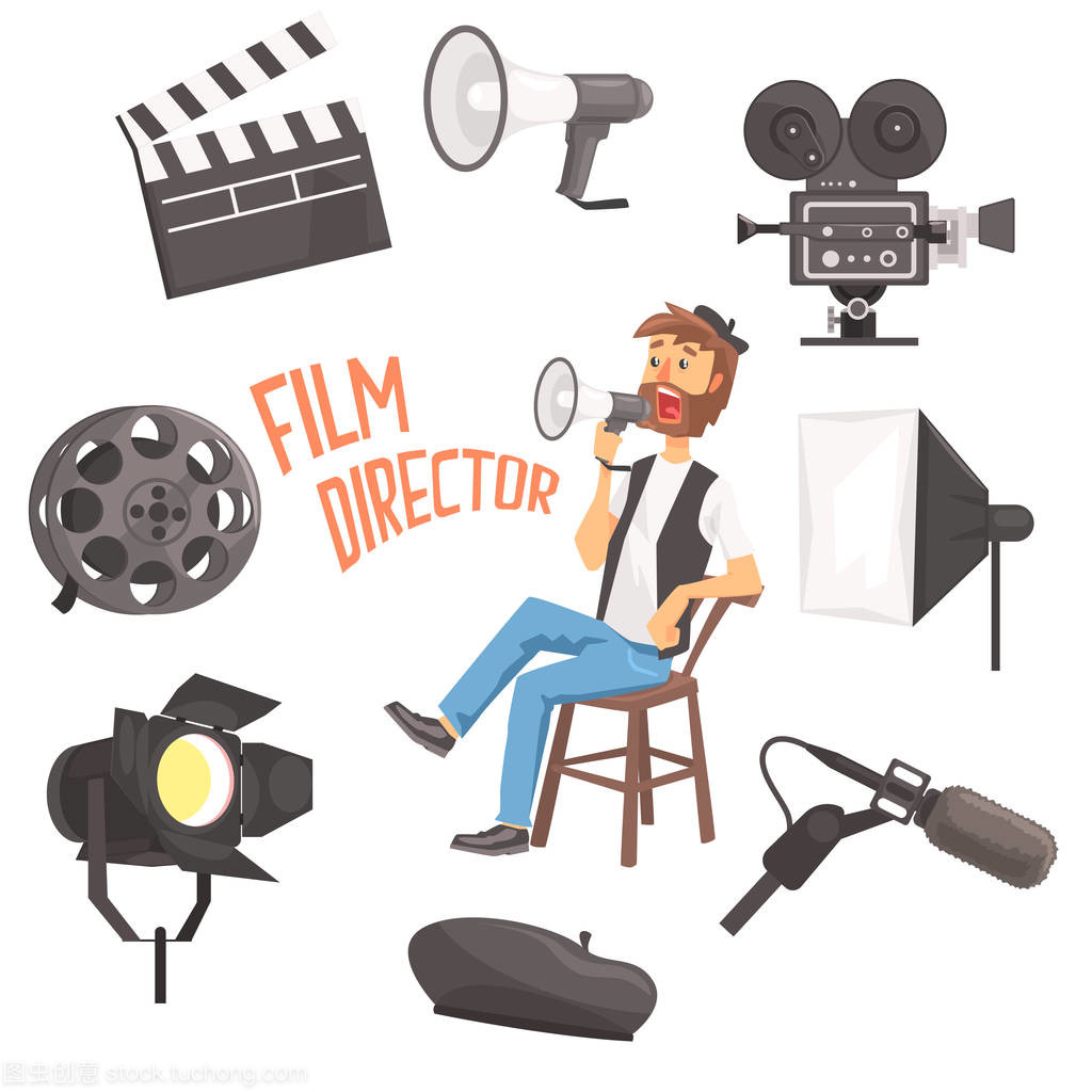 电影导演坐在一起控制电影拍摄过程包围的电影制作组的 Ofbjects 的扩音器